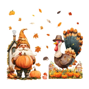 Thanksgiving window stickers featuring gnomes, turkeys, and pumpkins for autumn decor
