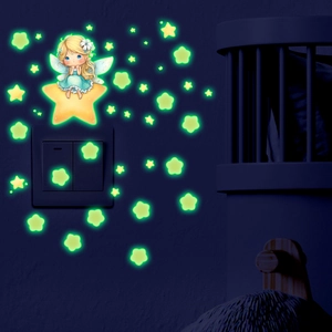 Glow-in-the-dark wall stickers featuring a cute fairy sitting on stars for bedroom decoration