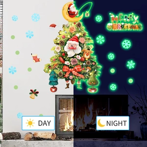 Glow in the dark Christmas tree wall decals set showing day and night fluorescent effects