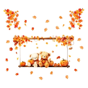 Autumn static glass stickers featuring two cute bears on a swing with pumpkins and maple leaves