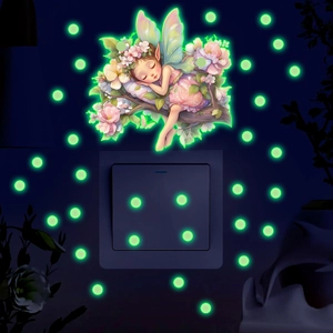 Stickers muraux fluorescents montrant une fée endormie et des points brillants la nuit