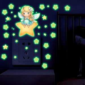 Glow in the dark wall stickers featuring a fairy girl on a star and neon luminous stars