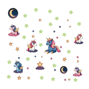Luminous unicorn and stars wall stickers for kids room with glow in the dark effect
