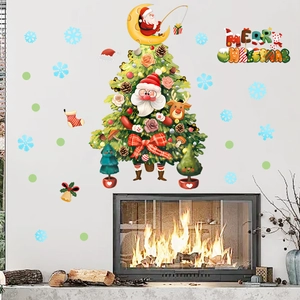 Detailed Christmas tree wall decal with Santa Claus and blue snowflakes on a white wall
