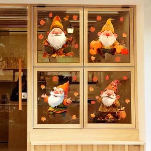 Fall themed gnome window clings with pumpkins and maple leaves for home decoration