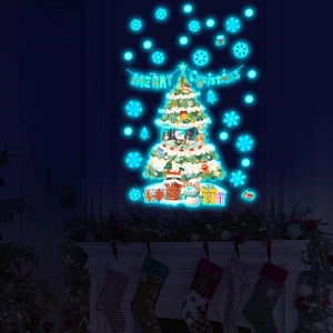 Luminous Christmas tree wall stickers with blue glow snowflakes and Merry Christmas signs