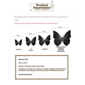 Detailed size guide for 12pcs 3D black butterfly wall stickers ranging from 6cm to 12cm
