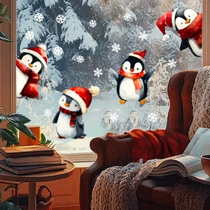 Christmas window decals set featuring cute penguins and snowflakes for glass home decor