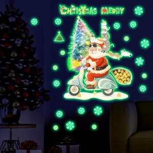 Leuchtende Weihnachts-Wandaufkleber mit Weihnachtsmann auf Fahrrad und glühenden Schneeflocken
