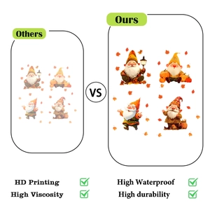 Comparison showing HD printing and high durability of autumn gnome window stickers