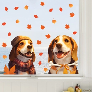 Autumn Beagle Dog Static Window Cling Cute Puppy Wearing Scarf Hat And Maple Leaves Stickers For Glass Home Window Decals Decor