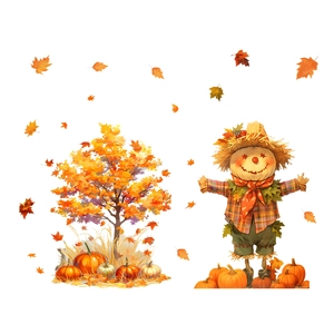Thanksgiving window stickers featuring harvest scarecrow, maple tree, and pumpkins