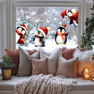 Christmas window static stickers featuring cute penguins and white snowflakes for home decor