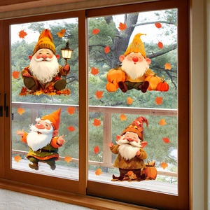 Autumn gnome window clings featuring maple leaves and pumpkins for home glass decoration