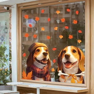 Autumn beagle dog window decals with maple leaves for seasonal home and glass decoration