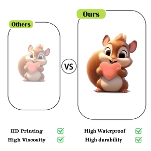 Comparison showing HD printing, high viscosity, and waterproof features of the squirrel sticker