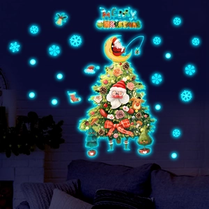 Detailed view of luminous Christmas tree wall decals glowing in a cozy dark living room