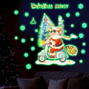 Leuchtende Wandaufkleber mit Weihnachtsmann auf Motorrad und Katzen in grünem Glanz