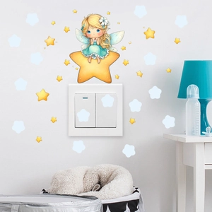 Luminous fairy girl on a large yellow star wall sticker with glowing stars and blue clouds