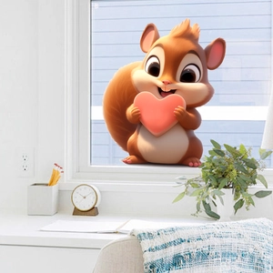 3D cartoon squirrel window sticker with pink heart for home living room decor