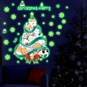 Glow-in-the-dark Christmas cat tree wall stickers with luminous stars and snowflake decals