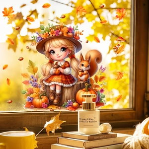 Detail of autumn window stickers featuring fairy, squirrel, and pumpkin decorations