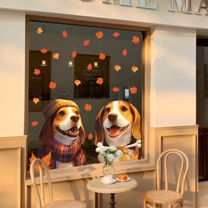 Cute beagle puppy and maple leaf window stickers for autumn home glass decoration