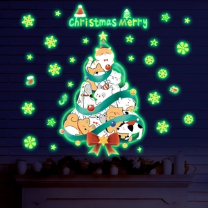 Luminous Christmas tree wall stickers with glow-in-the-dark cartoon cats and dogs