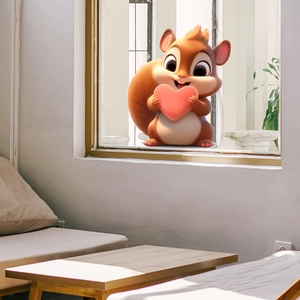 Detail of 3D cartoon squirrel window sticker with heart for home decor