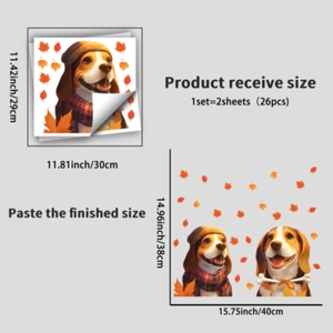 Cute Beagle dog window stickers with autumn leaves for living room glass decor, 26 pieces