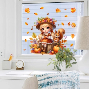 Cute girl squirrel and pumpkin autumn window decals for cozy fall home decoration