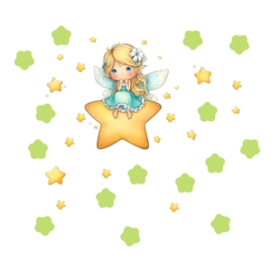 Luminous fairy girl wall sticker sitting on a large yellow star for room decor