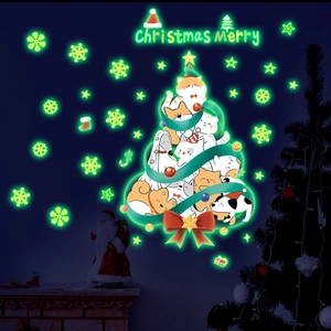Glow in the dark Christmas wall stickers featuring cartoon pet tree and green snowflakes