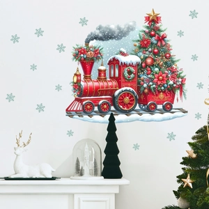 Christmas train wall decal with red steam engine, snow flakes and holiday tree decorations