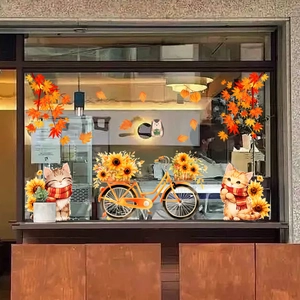Stickers de fenêtre d'automne avec chats mignons, feuilles d'érable et vélo vintage