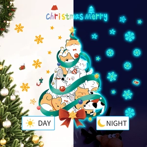 Glow-in-the-dark Christmas wall stickers with cartoon animals day and night effect
