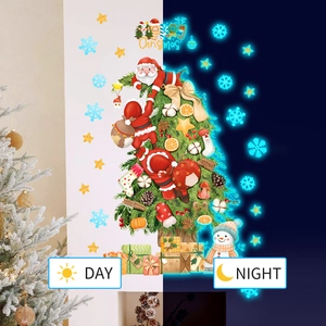 Luminous Christmas tree wall stickers showing day and night glowing effect comparison