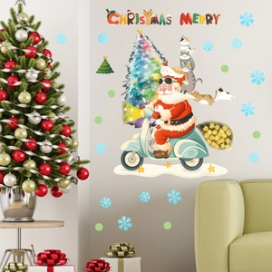 Leuchtendes Weihnachts-Wandaufkleber mit Weihnachtsmann auf Roller und geschmücktem Baum