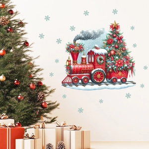 Christmas wall stickers featuring a vintage red train and festive tree for holiday decor