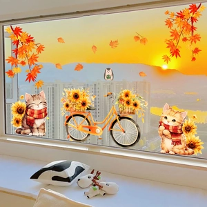 Stickers de fenêtre automne avec chats à vélo et feuilles d'érable au coucher du soleil