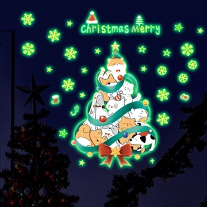 Luminous Christmas wall stickers showing glowing pet animal tree and snowflakes in dark