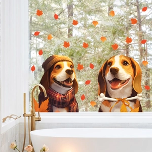 Cute beagle puppy window clings with autumn maple leaves for seasonal home glass decoration