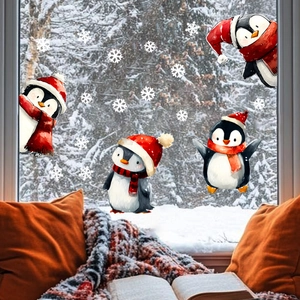 Cozy winter window scene with Christmas penguin static stickers and delicate white snowflakes
