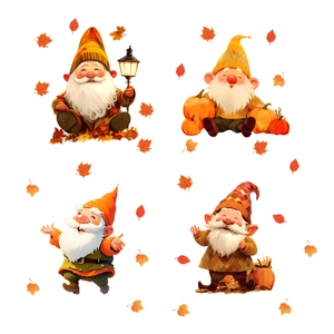 Autumn gnome window clings set with pumpkins and maple leaves for seasonal home decor