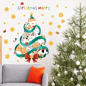 Luminous Christmas tree wall stickers featuring cartoon cats and dogs for home decor