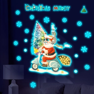 Leuchtende Weihnachts-Wandtattoos mit Weihnachtsmann auf Esel, Schneeflocken und Baum