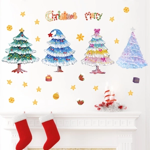 Luminous Christmas tree wall decals with colorful stars and snowflakes for festive home decor