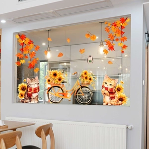 Détail de stickers de Thanksgiving avec chatons, feuilles d'automne et vélo jaune
