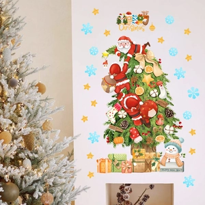 Detailed wall sticker featuring a festive Christmas tree with Santa and a cute snowman