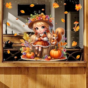 Detail of autumn window stickers featuring a cute girl with squirrels and pumpkins on glass